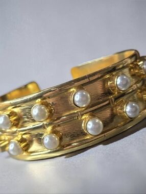 18k Gold Plated Chunky Artisan Genuine Freshwater Pearl Cuff Bracelet